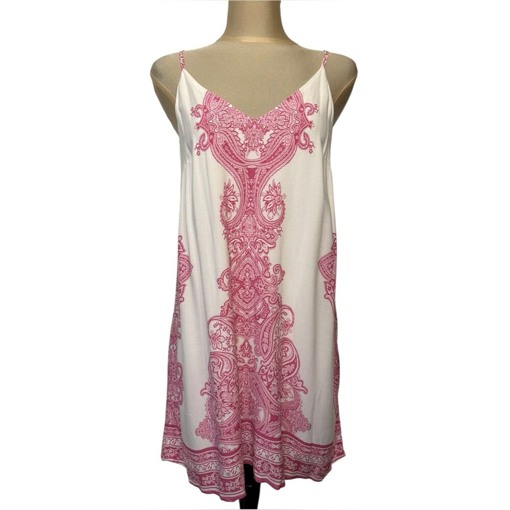 June & Ivy Boho Resort Pink Paisley Mini Slip Dress Criss Cross M
